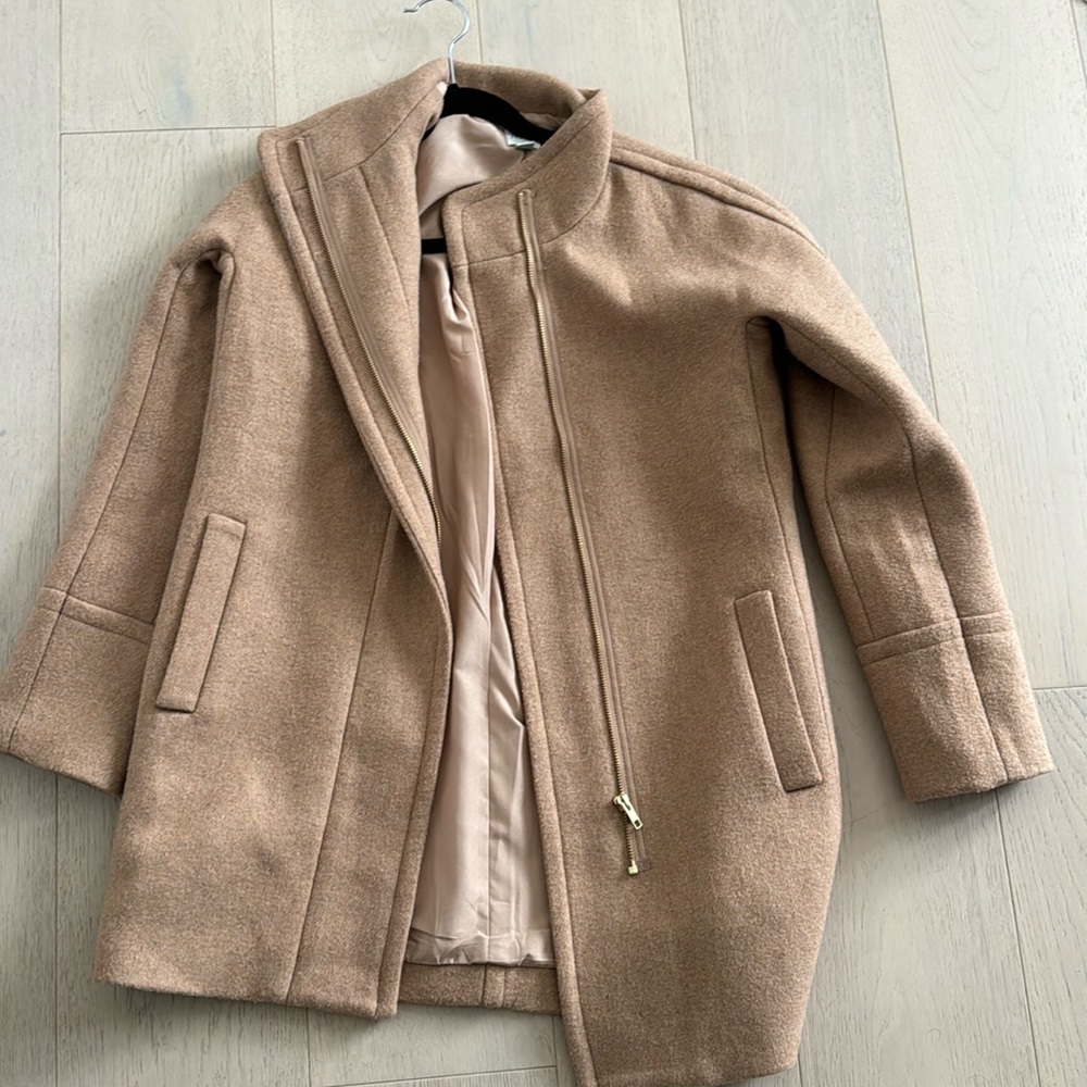 Worn once ! JCREW tan coat. Versatile. No smoke or pet home